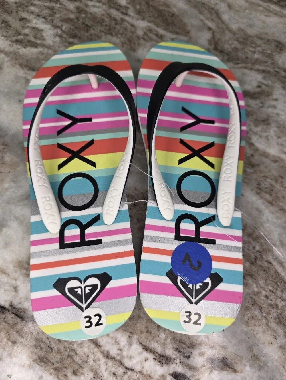 Roxy Girl Tahiti Multi-Color Striped Flip Flops with Black Straps Size 2
